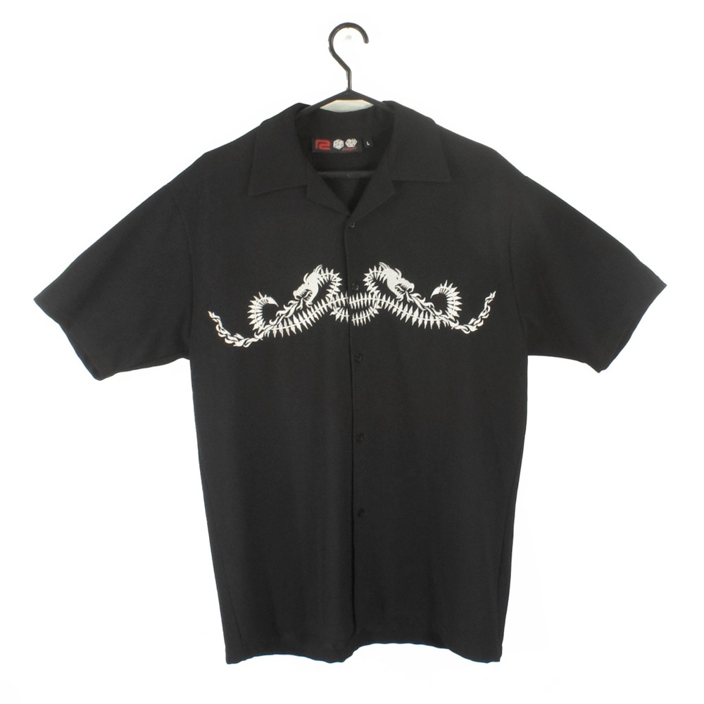 Vintage Y2K 00s Embroidered Tribal Dragon Grunge Short Sleeve Button Down Shirt